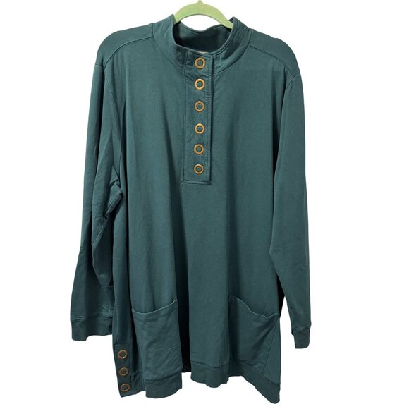 Soft Surroundings Teal Long-Sleeve Tunic Shirt W/ Pockets & Button Detail Size 2 - Picture 4 of 12